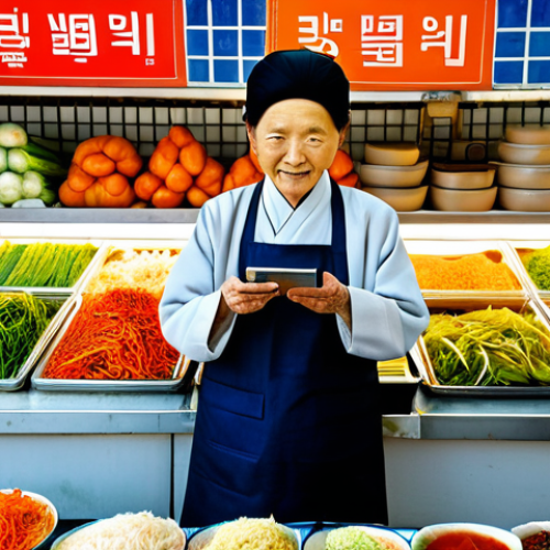 Home 11 A wise, elderly Korean market vendor in traditional, modest clothing, standing behind a vibrant stall filled with an array of beautifully arranged fresh kimchi, various banchan dishes, and colorful traditional produce. The vendor is gracefully holding a sleek, modern credit card machine, skillfully processing a payment, showcasing the seamless blend of ancient traditions and digital advancement. The background features blurred, bustling market activity, adding to the authentic atmosphere. Professional photography, high quality, perfect anatomy, correct proportions, natural pose, well-formed hands, proper finger count, safe for work, appropriate content, fully clothed, family-friendly.