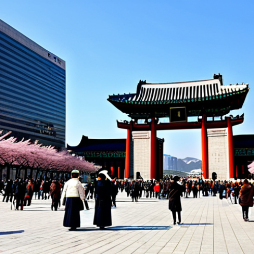 Home 6 A wide shot of Gwanghwamun Plaza in Seoul, South Korea, showcasing the majestic Gwanghwamun Gate in the foreground with modern glass skyscrapers rising in the background under a clear sky. A diverse group of people, fully clothed in modest, appropriate attire, are gathered in the plaza, some observing a subtle cultural performance with traditional elements. The scene emphasizes the harmony between ancient heritage and modern innovation. The season is spring, with subtle cherry blossom trees visible. Professional photography, high detail, vibrant colors, perfect anatomy, correct proportions, natural pose, well-formed hands, proper finger count, natural body proportions, safe for work, appropriate content, fully clothed, family-friendly.