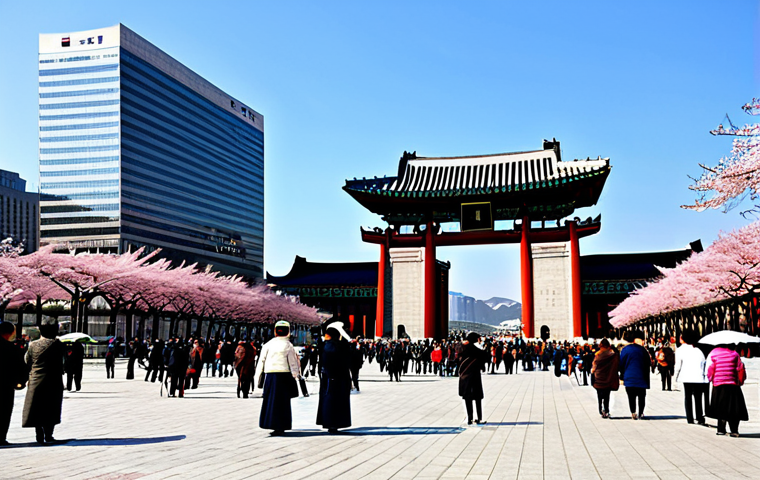 A wide shot of Gwanghwamun Plaza in Seoul, South Korea, showcasing the majestic Gwanghwamun Gate in the foreground with modern glass skyscrapers rising in the background under a clear sky. A diverse group of people, fully clothed in modest, appropriate attire, are gathered in the plaza, some observing a subtle cultural performance with traditional elements. The scene emphasizes the harmony between ancient heritage and modern innovation. The season is spring, with subtle cherry blossom trees visible. Professional photography, high detail, vibrant colors, perfect anatomy, correct proportions, natural pose, well-formed hands, proper finger count, natural body proportions, safe for work, appropriate content, fully clothed, family-friendly.