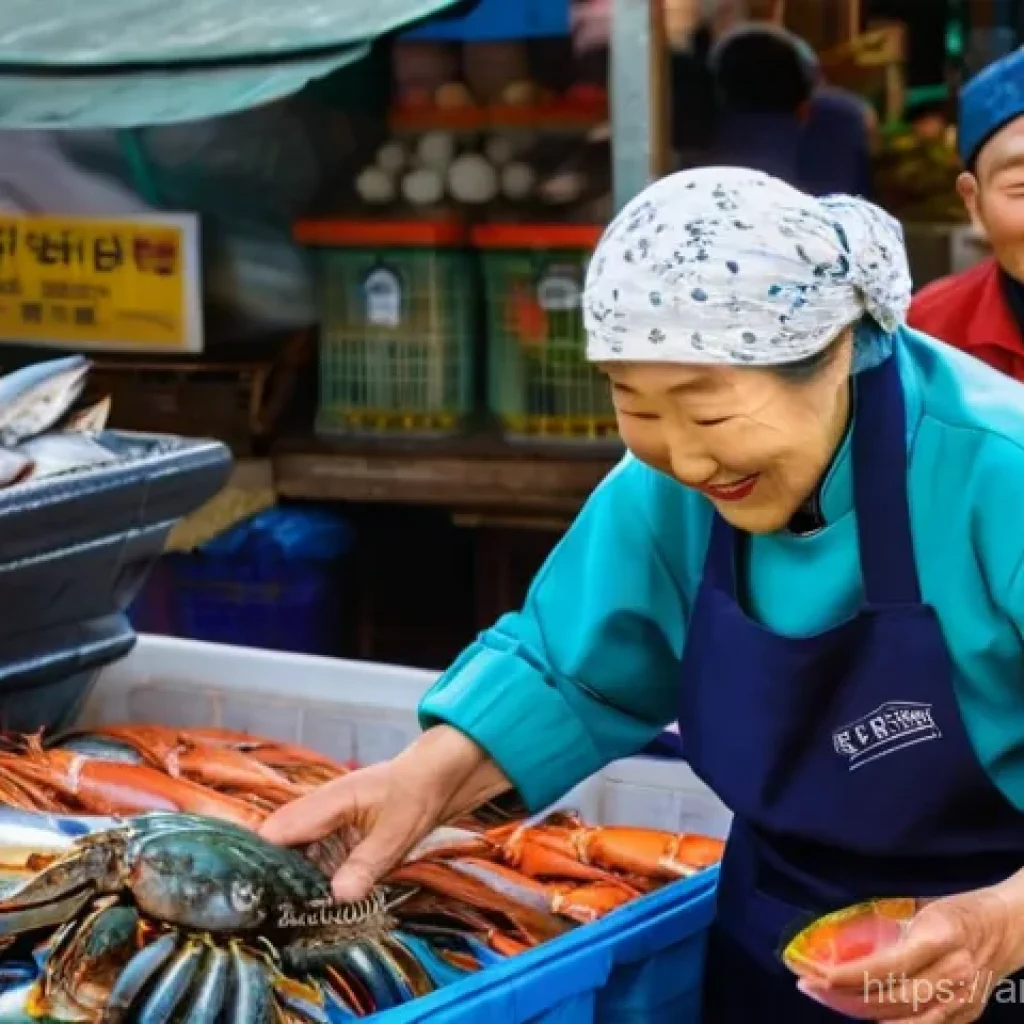 부산 자갈치시장 역사 - **"A vibrant and bustling scene at Jagalchi Market in Busan, South Korea. An elderly Korean woman, a...