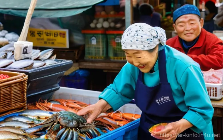 부산 자갈치시장 역사 - **"A vibrant and bustling scene at Jagalchi Market in Busan, South Korea. An elderly Korean woman, a...