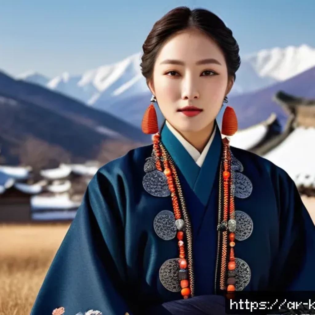 한국 전통 의상과 지역적 차이 - A traditional Korean outfit designed for a northern winter village setting, featuring thick layered ...