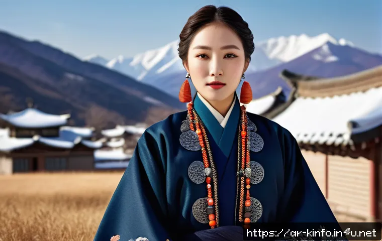 한국 전통 의상과 지역적 차이 - A traditional Korean outfit designed for a northern winter village setting, featuring thick layered ...