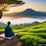 Home 19 제주도 한라산 전설 - A majestic view of Mount Halla at sunrise on Jeju Island, surrounded by lush, rare plants and wildli...