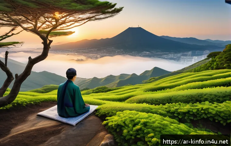 제주도 한라산 전설 - A majestic view of Mount Halla at sunrise on Jeju Island, surrounded by lush, rare plants and wildli...