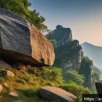 Home 23 충청도 단양 팔경 전설 - A mystical mountainous landscape in Danyang, featuring rugged rocky peaks surrounded by dense, ancie...