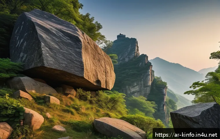 충청도 단양 팔경 전설 - A mystical mountainous landscape in Danyang, featuring rugged rocky peaks surrounded by dense, ancie...